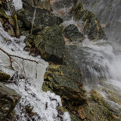 Ice at the base of the falls by the plunge pool.