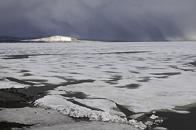 The frozen Yellowstone Lake.