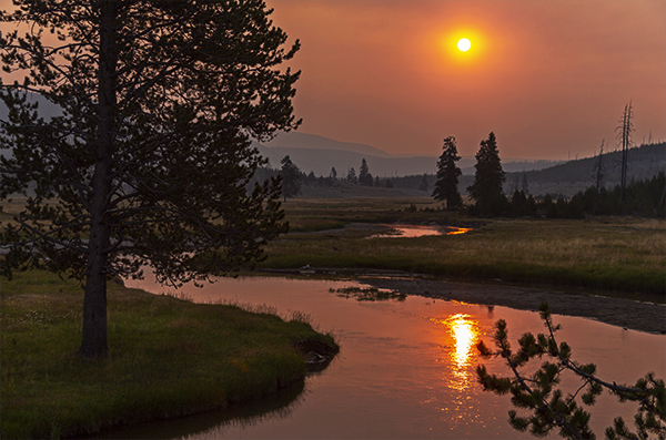 Sunrise in Yellowstone over the Gibbon River.