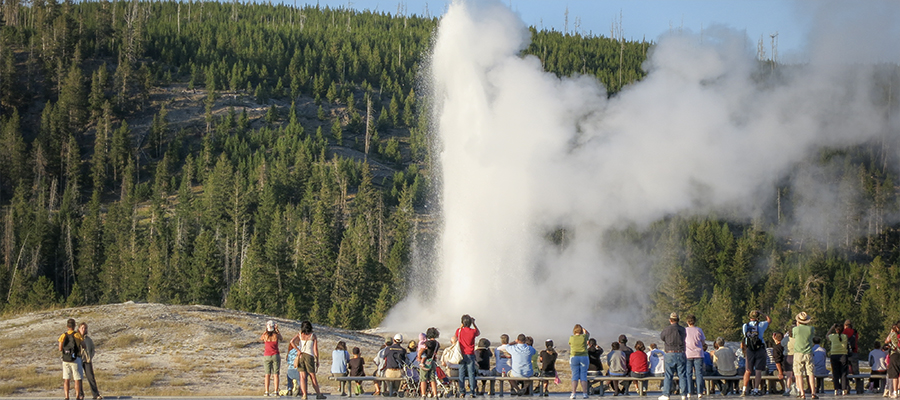 People watching an Old Faithful eruption