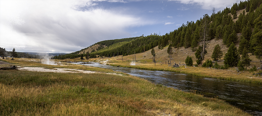The Firehole Rvier looking south from the Fairy Falls trailhead bridge.